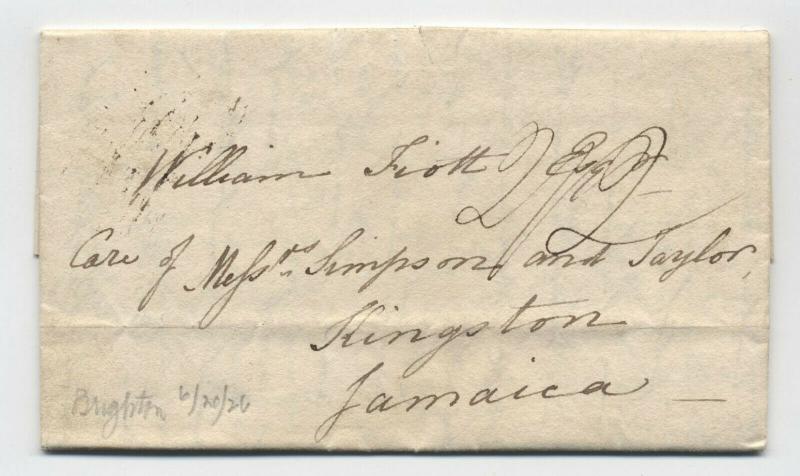 1826 British stampless folded letter to Kingston, Jamaica [y3592]