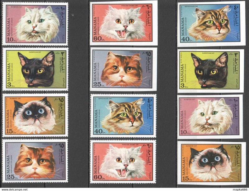 Imperf,Perf 1971 Manama Cats #(585-90)A+B Michel 22 Euro 2Set ** Ar103