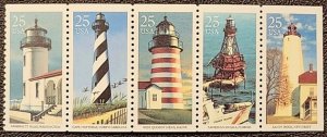 US Scott # 2470-2474; five 25c Lighthouses from 1990; strip of 5; VF; MNH, og
