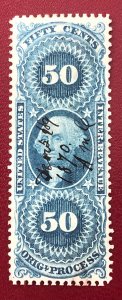 US Inter. revenue Origl. Process 50c blue scott # R60 hand cancelled 1870