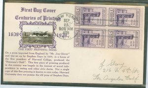 US 857 1939 3c 300th Anniversary of the Printing Press in America (block of four) on an addressed FDC with a Crosby cachet, corn