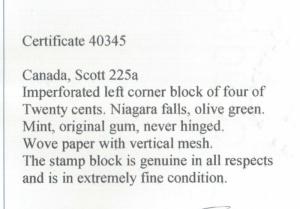 Canada #225a Extra Fine Never Hinged Imperf Corner Block **With Certificate**