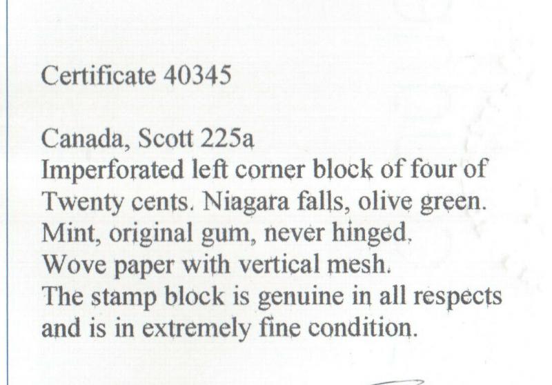 Canada #225a Extra Fine Never Hinged Imperf Corner Block **With Certificate**