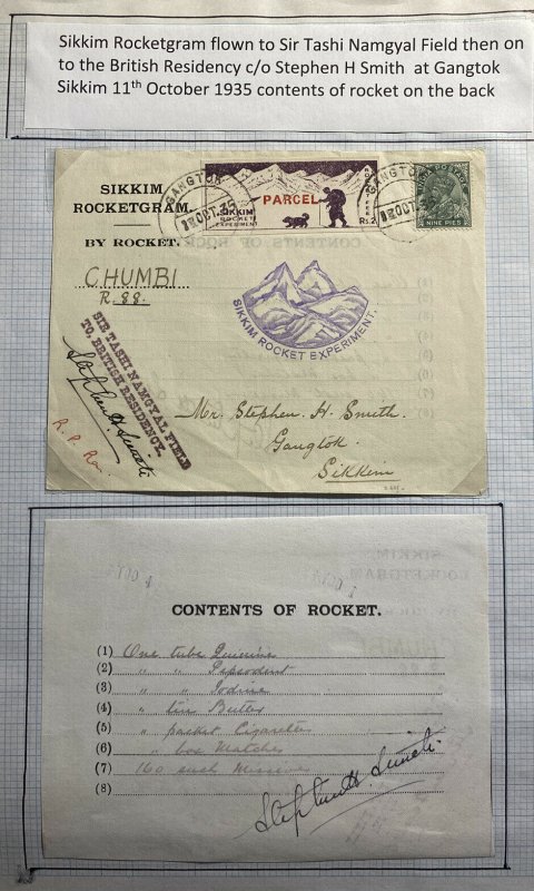 1935 Gangtok India Rocket Experimental Mail Flight Contents Sheet cover