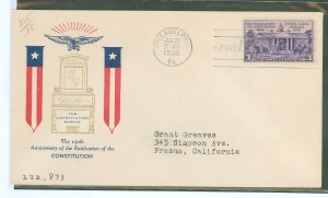 US 835 1938 3c 150th anniv of Radification f the Constitution on an addressed (typed) FDC with a Fidelity cachet