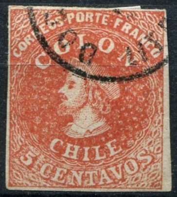 CHILE Sc#3 Used, 5c pl red brn, Christopher-Columbus-Bust (1854)