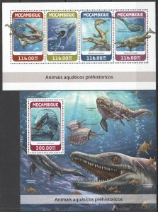 HM1317 2018 MOZAMBIQUE DINOSAURS PREHISTORIC WATER ANIMALS #9504-7+BL1341 MNH