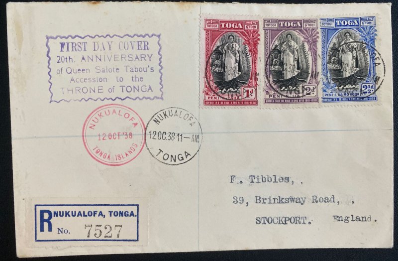 1938 Nuku’alofa Tonga Toga First Day Cover to Stockport England Queen Salote Tab