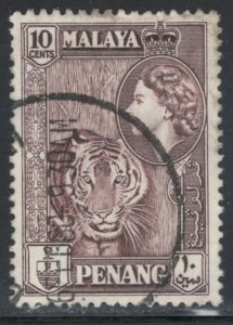 Malaya States - Penang 1957 Queen Elizabeth II & Tiger 10c Scott # 56 Used