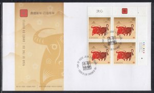 Canada Scott 2296 UR Pl Blk FDC - 2009, Year of the Ox