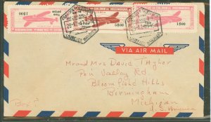 Mozambique C17/C20 1947 plane in flight Taxe Perque overprint stamps Lorenco Marques to Birmingham, MI, USA franked with 1 Ess