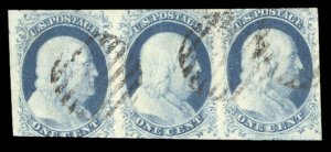 United States, 1851-57 #7 Cat$450, 1851 1c blue, type II, horizontal strip of...