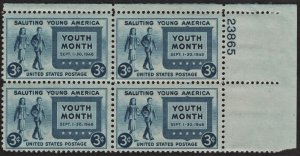 SC#963 3¢ Youth Month Plate Block: UR #23865 (1948) MDG