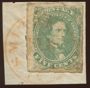 Confederate States 1 Used Stamp on Piece with Orange Town CCL BX5179