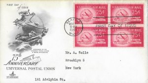 1949 Air Mail FDC, #C44, 25c Boeing Stratocruiser, Art Craft, block of 4