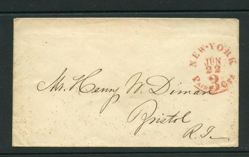 UNITED STATES JUNE 22 PAID 3 CTS RED CANCEL STAMPLESS COVER TO BRISTOL RHODE IS