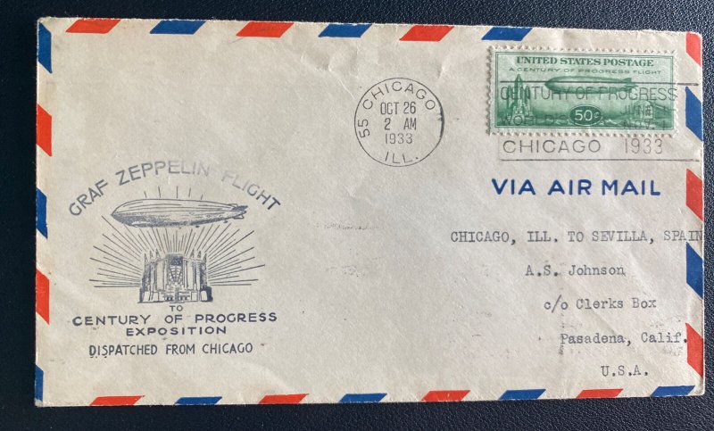 1933 Chicago IL USA Graf Zeppelin Century Of Progress cover #C18 To Pasadena CA