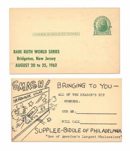 UX27 Postal Card Advert Supplee Biddle Phila PA Babe Ruth Bridgeton NJ Cachet