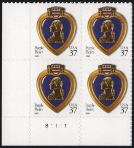 SC#3784 37¢ Purple Heart Plate Block: LL #B1111 (2003) SA