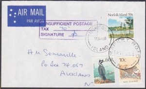NORFOLK IS 1990 cover INSUFFICIENT POSTAGE NZ stamps paying postage due....a3098