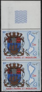 St Pierre et Miquelon 1974 MNH Sc C55 2fr Arms, Map of islands, fish, bird Pa...