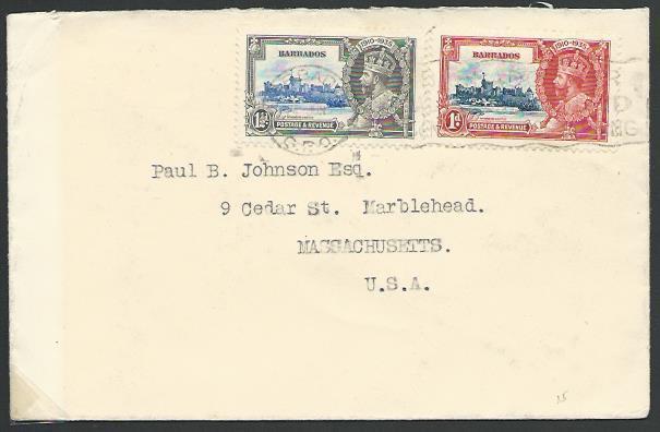 BARBADOS 1935 cover to USA, Jubilee 1d & 1½d...............................53111