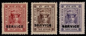 Early India Indore State Half Anna-Three Annas Overprinted Service Set/3 Unused