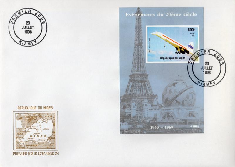 Niger 1998 Concorde/Eiffel Tower SS (1) IMPERFORATED F.D.C.