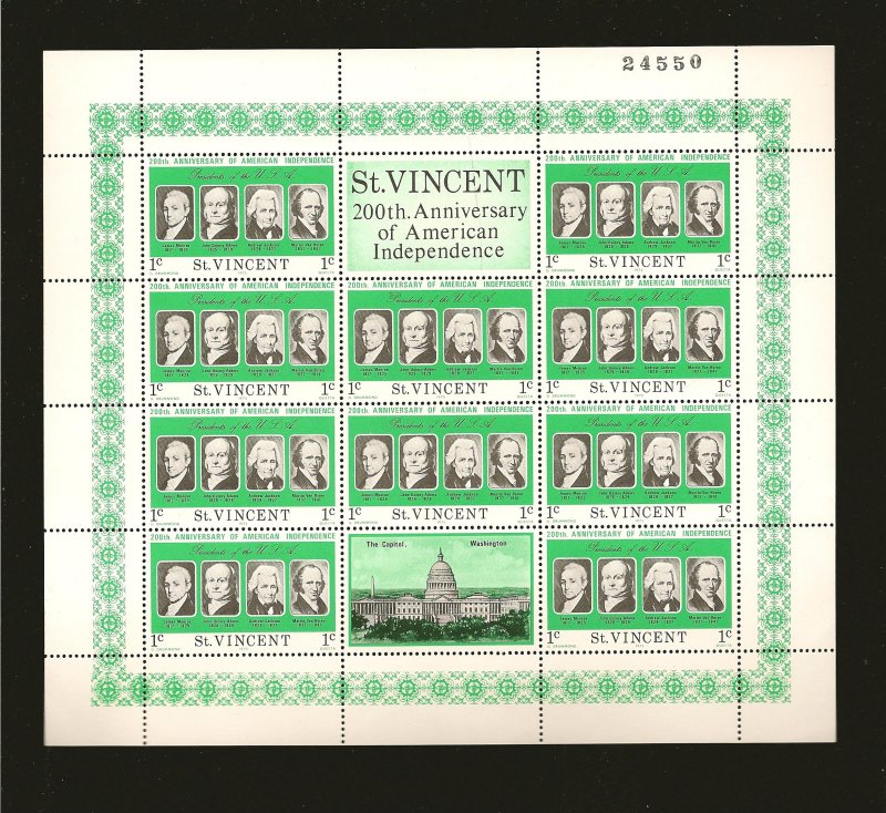 Saint Vincent 436 USA Bicentennial Sheet of 10 + 2 Labels MNH