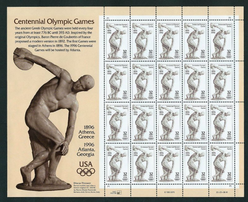 U.S. SCOTT #3087 - CENTENNIAL OLYMPIC GAMES - 1996 - DISCUS -  MINT N.H. SHEET