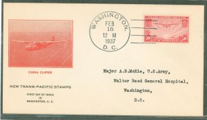 US C22 (1937 50c China Clipper single on an addressed (typed) First Day Cover with an F.R. Rice cachet