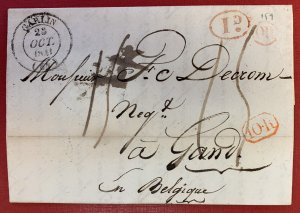 France, 1841 Stampless Cover/Folded Letter, sent from Garlin to Gand, Belgium