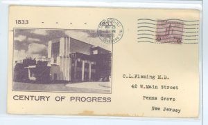 US 729 1933 3c Century of Progress (perf single) on an addressed FDC with an unknown cachet.