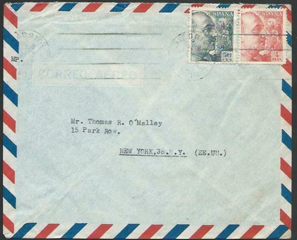 SPAIN 1952 airmail cover to USA : 2 stamps E perfin........................52783