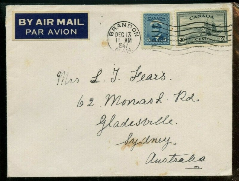 25c quarter ounce airmail rate to AUSTRALIA 1947, PEACE ISSUE Canada cover