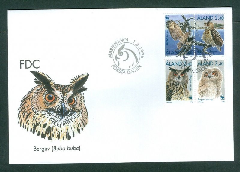 Aland. FDC 1996.  Eagle Owl. Sc.# 122-123-124-125.