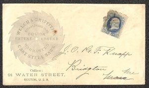 USA #145 STAMP WELCH & GRIFFITHS STEEL SAWS BOSTON MASSACHUSETTS AD COVER 1870s
