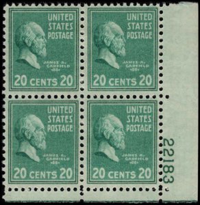 US #825 GARFIELD MNH LR PLATE BLOCK #22183 DURLAND $6.00