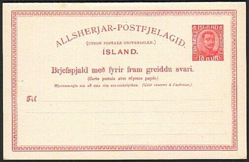 ICELAND 1920 10ore postcard with reply card attached fine unused...........74100