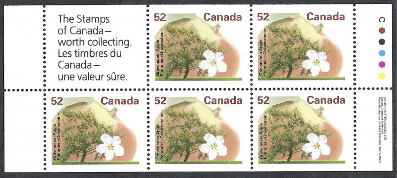 Canada #1366b 52¢ Gravenstein Apple. Pane of 5. Perf. 14 1/2 x 14 1/2. MNH