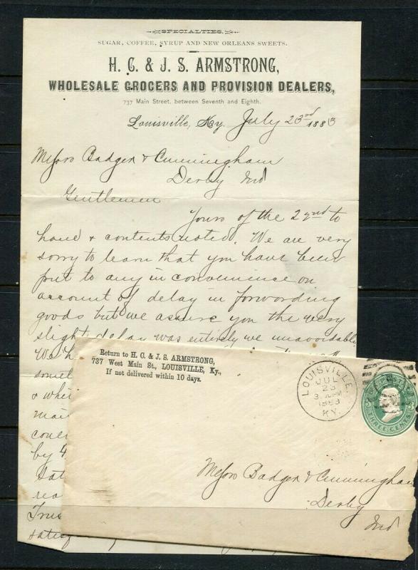 1883 ARMSTRONGS GROCERS Letterhead wit 3 cent Bank note on cover