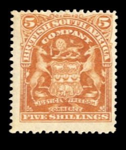 Rhodesia #69 Cat$70, 1901 5sh orange, hinge remnant