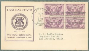 US 775 (1933) 3c Michigan Centennial(block of four) on an addressed First Day cover with a breaker cachet