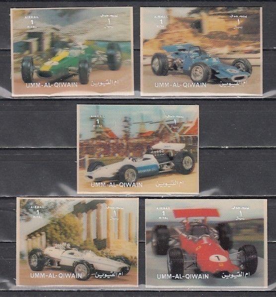 Umm Al Qiwain, Mi cat. 809-813. Racing Cars 2-D. Small Format issue. ^