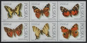 Poland 1991 MNH Sc 3055a Butterflies Block of 6