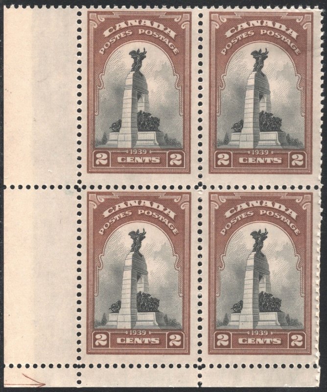 Canada SC#247 2¢ National War Memorial, Ottawa Corner Block of Four (1939) MNH*