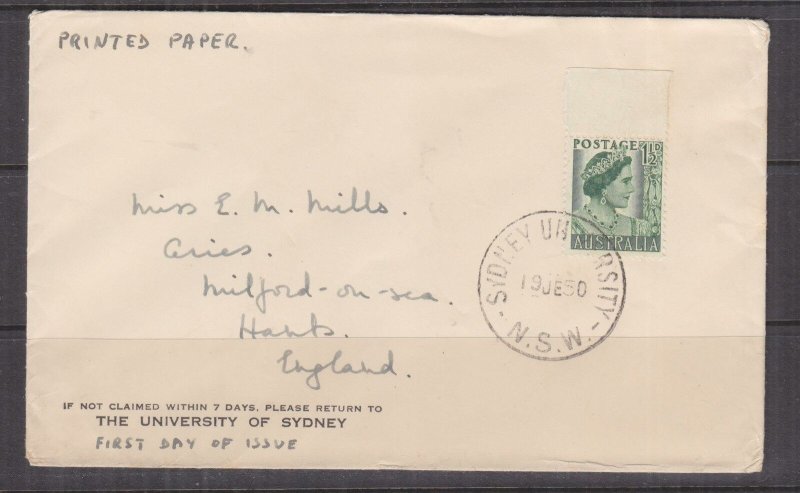 AUSTRALIA, 1950 Queen 1 1/2d. Green, First day cover, SYDNEY UNIVERSITY.