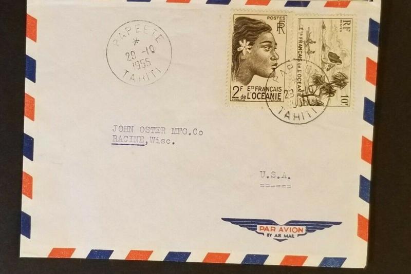 1955 Papeeti Tahiti to Racine Wisconsin USA Importation Business Air Mail Cover