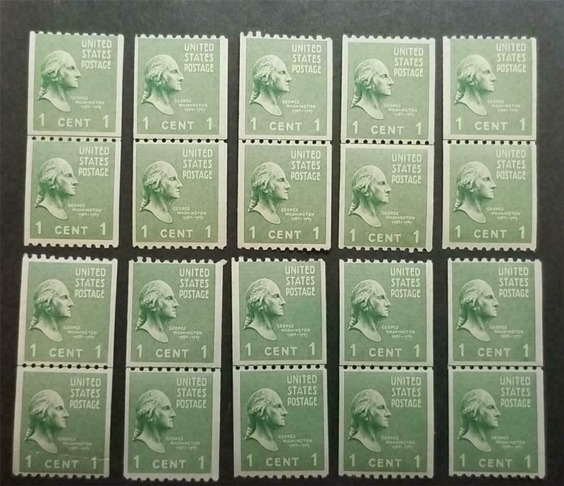 US Scott 839 GEORGE WASHINGTON 10 Coil Line Pair Stamp Lot MNH OG Z-525