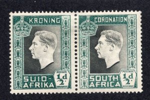 South Africa 1937 1/2p green & olive black Coronation Pair, Scott 74 MH